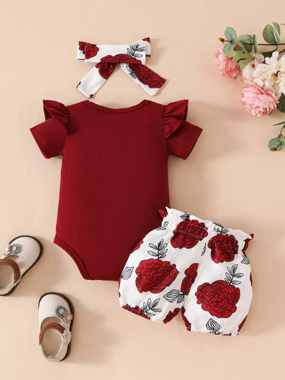Children's Ruffled Bodysuit and Floral Shorts Set with Headband