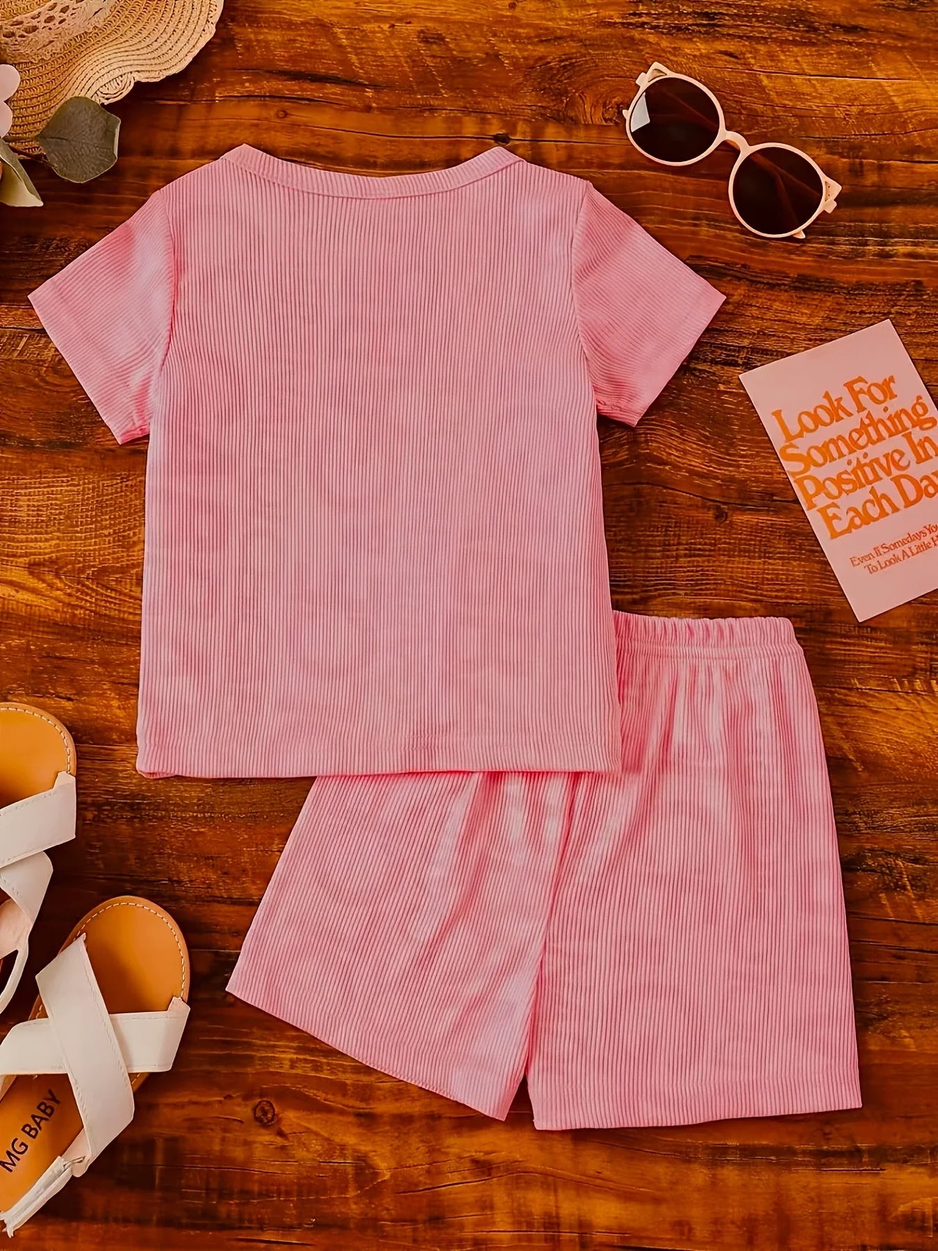 Children's Casual Ribbed Knit Tee and Shorts Two-Piece Set