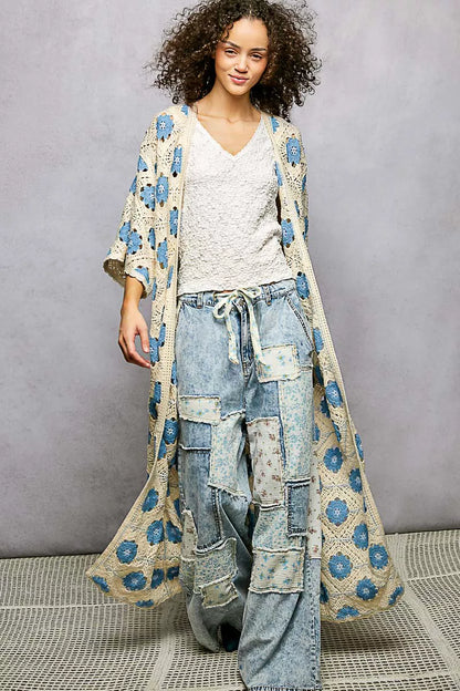 POL Open Front Floral Crochet Longline Cardigan