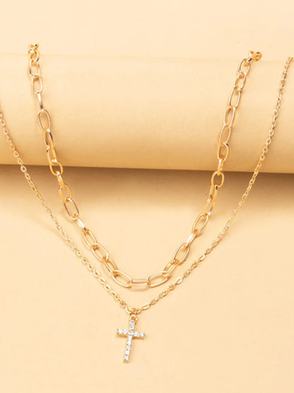 Double Layered Inlaid Zircon Cross Pendant Necklace