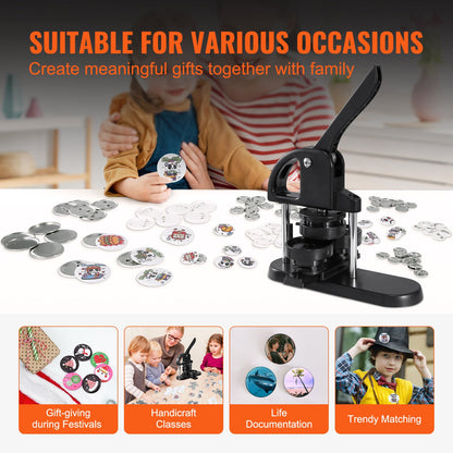 VEVOR Button Maker, 3-IN-1 Pin Maker, With 300pcs Button Parts, Button Maker Machine With Panda Magic Book, Ergonomic Handle Punch Press Kit, For Children DIY Gifts