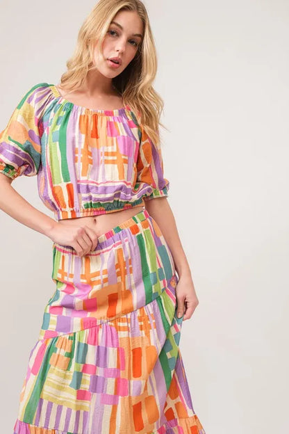And The Why Puff Sleeve Elastic Edges Geo Printed Crop Top
