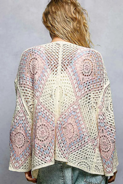 POL Open Front Crochet Cardigan with Granny Square Pattern