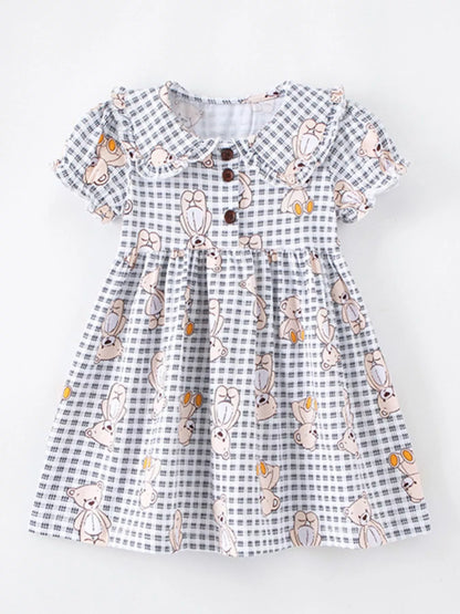 Children's Gingham Teddy Bear Print Peter Pan Collar Dress