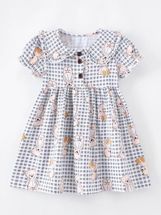 Children's Gingham Teddy Bear Print Peter Pan Collar Dress