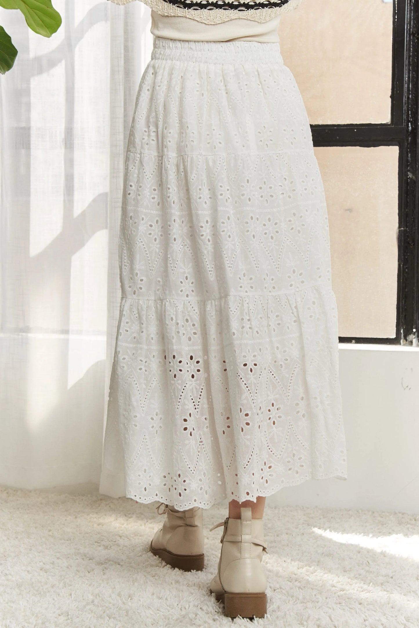 ADORA Elastic Waistband Tiered Midi Skirt