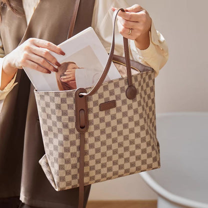 Checkered Pattern Leather Tote Bag