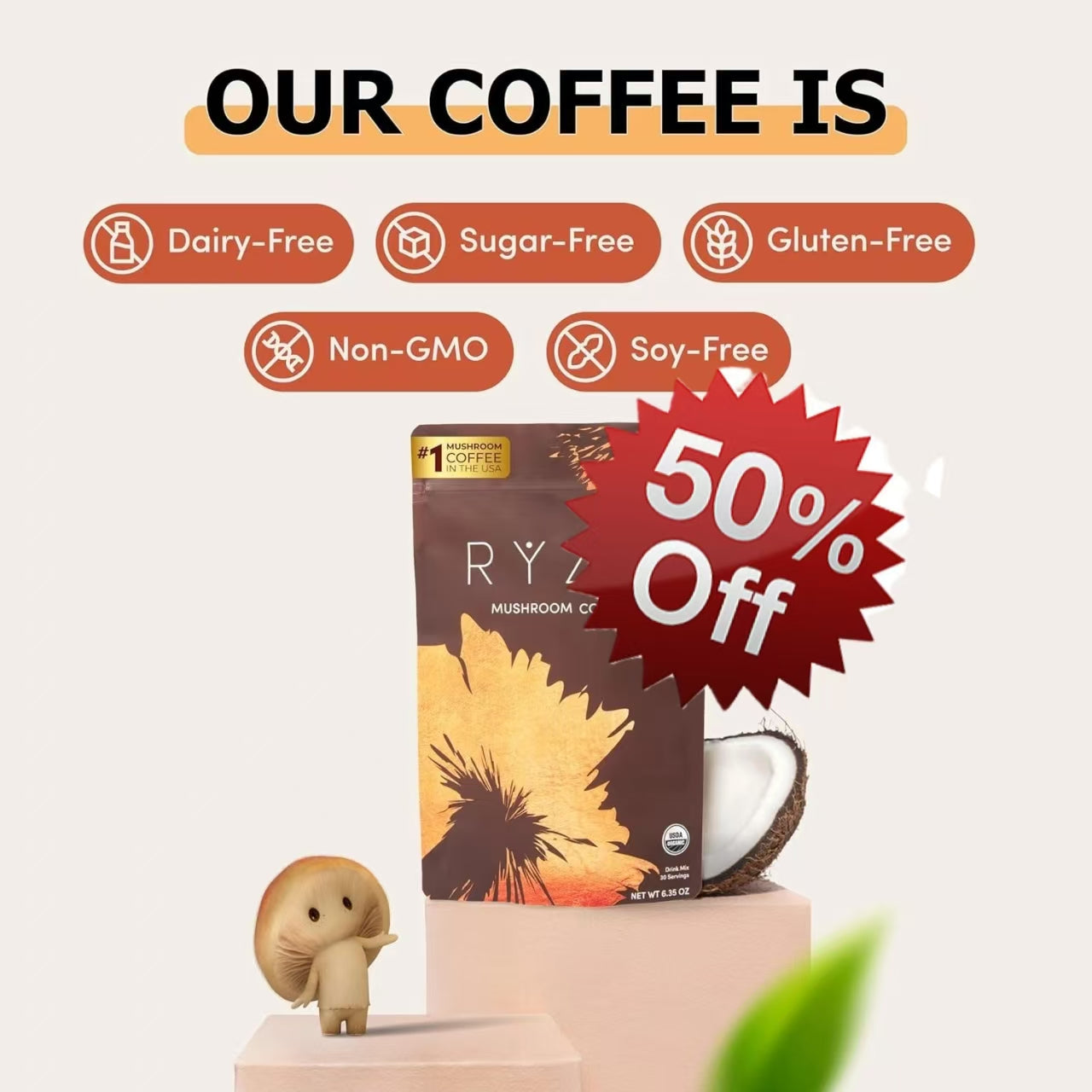 RYZE SUPERFOODS Mushroom Coffee Dark Roast, 6 Adaptogenic Mushrooms & Prebiotic Blend, Instant Coffee Supports Energy, Focus, Digestion & Immunity, Lions Mane & Turkey Tail, 30 Servings.