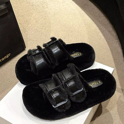 Fuzzy Buckle Detail Slippers