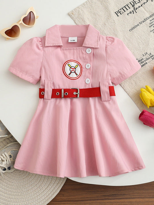 Children's Baseball Embroidered Short Sleeve Dress