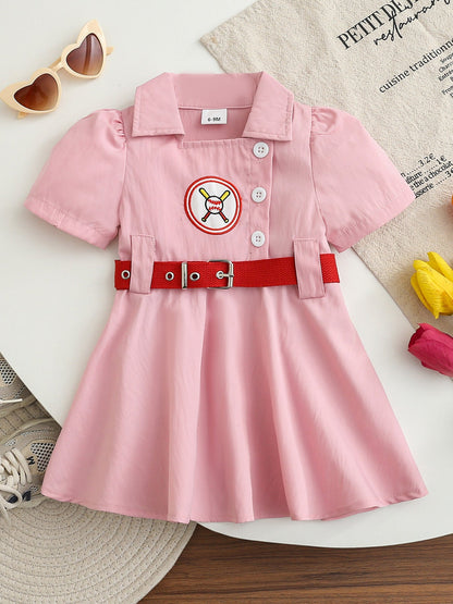 Children's Baseball Embroidered Short Sleeve Dress