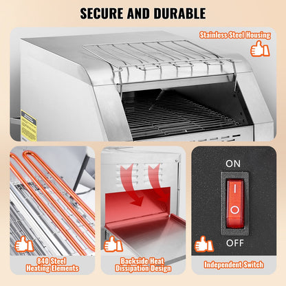 Commercial Conveyor Toaster, 300 Slices/Hour Conveyor Belt Toaster, Heavy Duty Stainless Steel Commercial Toaster Oven, Electric  Restaurant Commercial Toaster For Toast Bun, Bagel, Bread