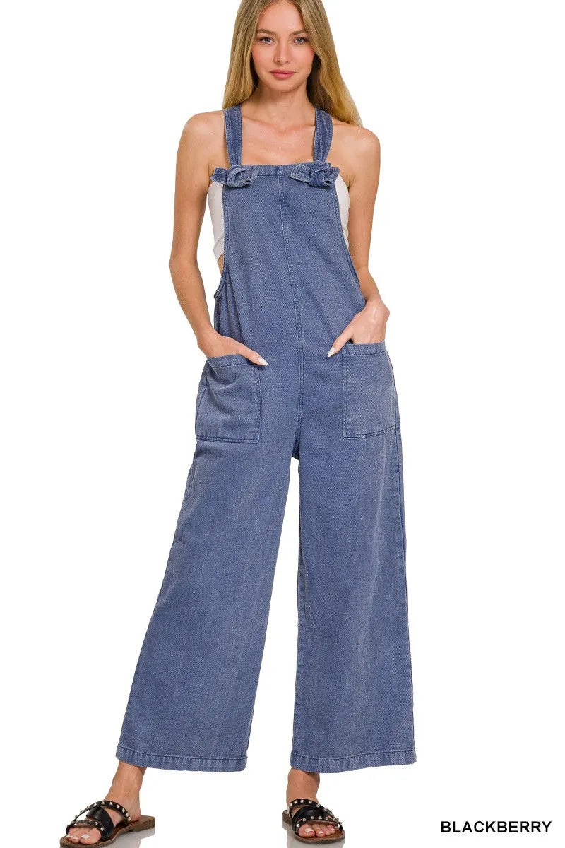 Zenana Washed Knot Strap Pockets Jumpsuit