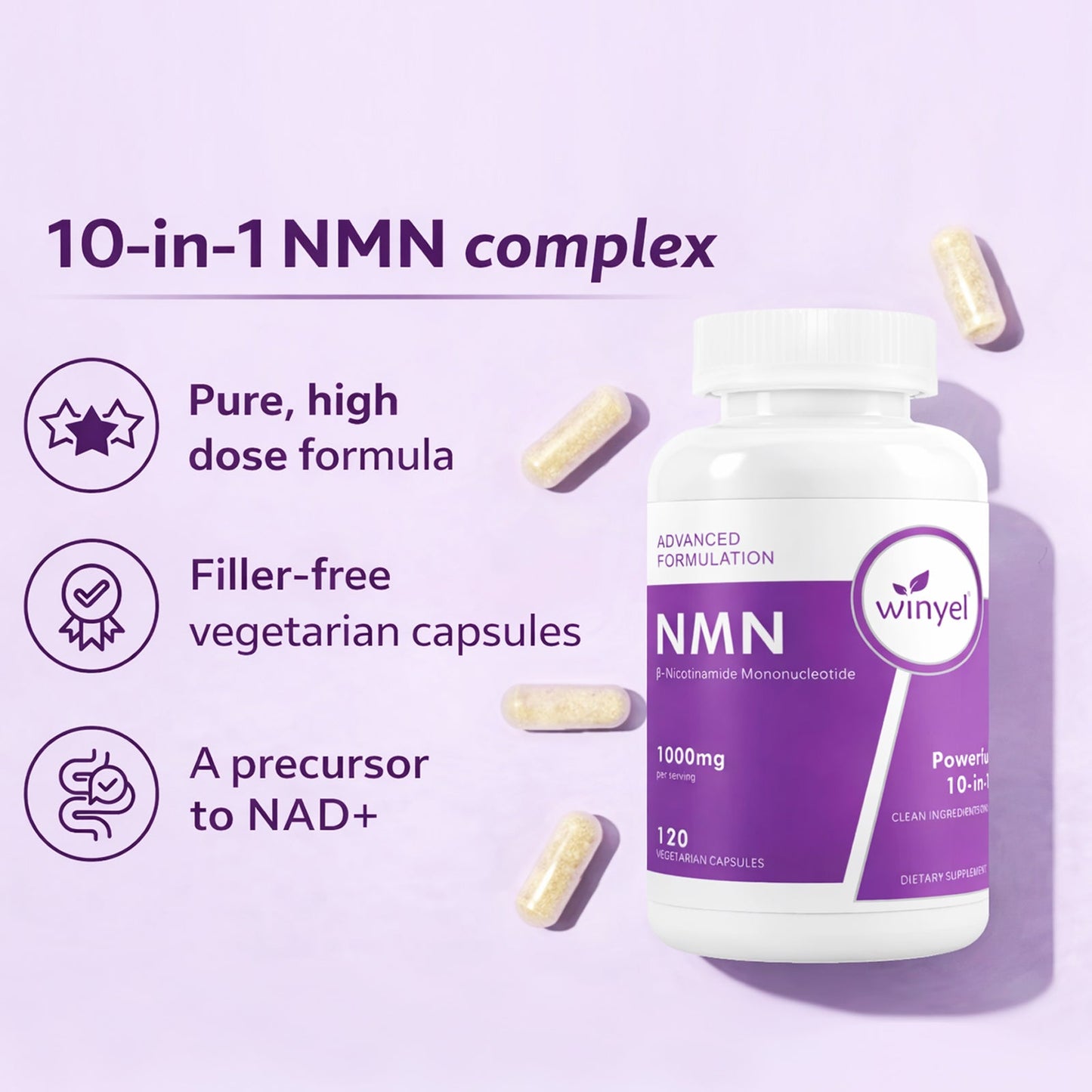 WINYEL Cellular Energy Complex Per Serving, 10-in-1 Formula, Zero Filler, With Vitamin C, Resveratrol, CoQ10, TMG, Quercetin & Glutathione Capsules