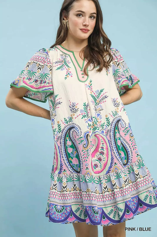 Umgee Paisley Flutter Sleeve Mini Dress