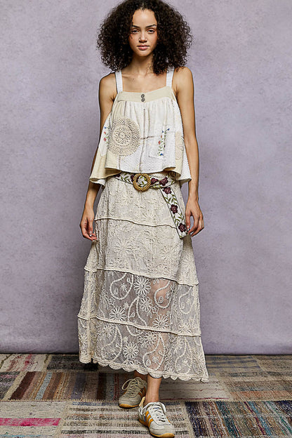POL Floral Embroidered Tiered Crochet Skirt