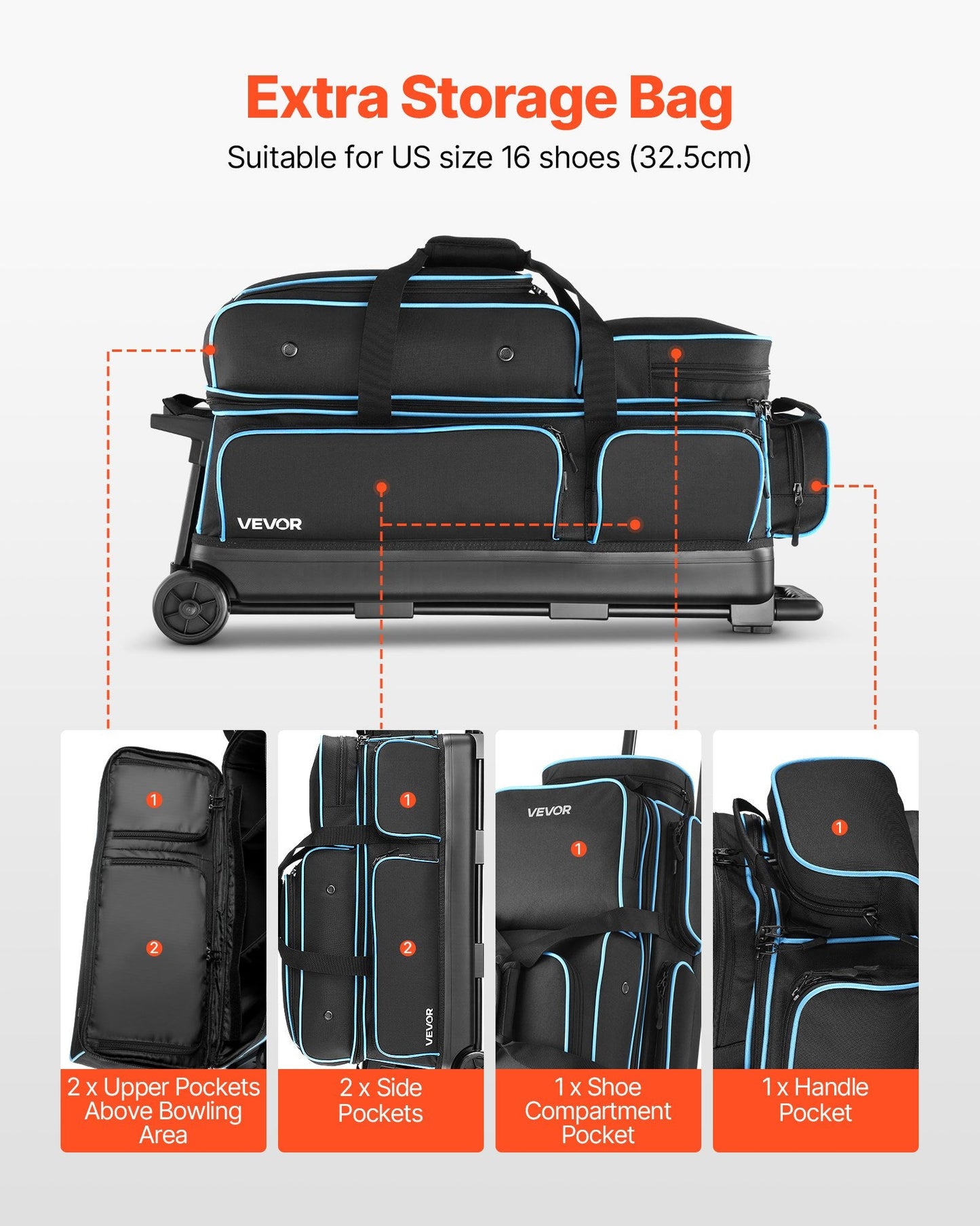 Bowling Ball Bag, 3 Ball Double Roller Bowling Bag With Wheels, Featuring A Separate Compartment For Shoes (Up To US Size 16) & Oversized Accessory Pocket, Retractable Handle Extends To 41.34 In