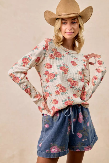 BiBi Floral Print Washed Waffle Thermal Top With Thumb