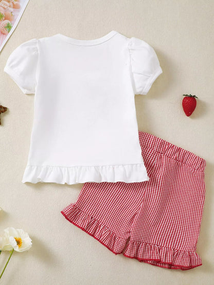 Children's Strawberry Gingham Ruffle Trim Top and Shorts Set