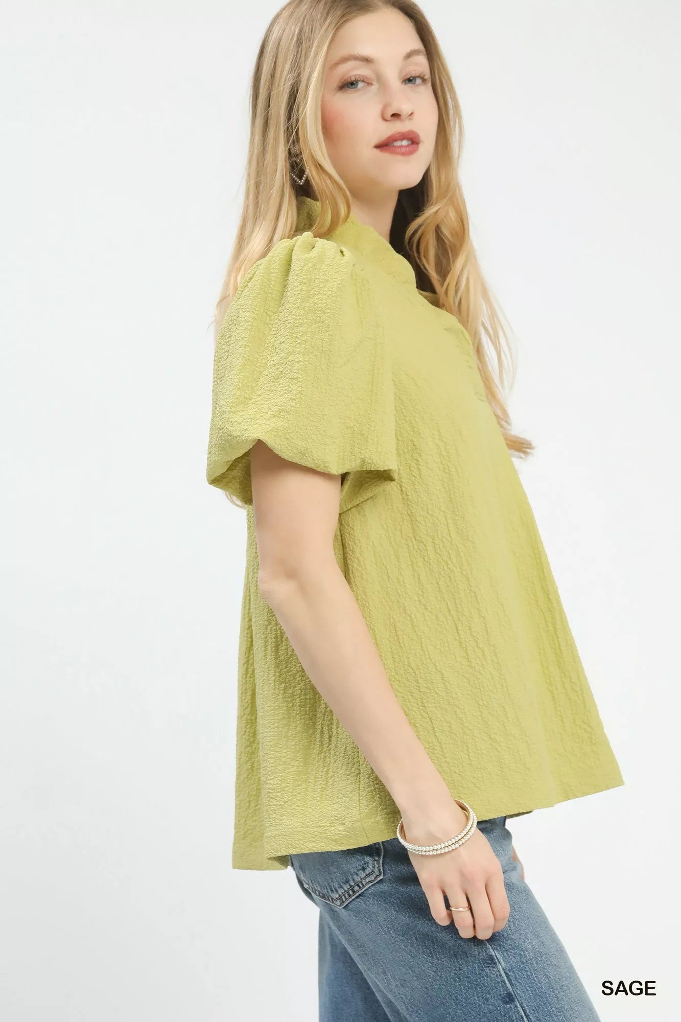 Umgee Seersucker Puff Sleeve Blouse