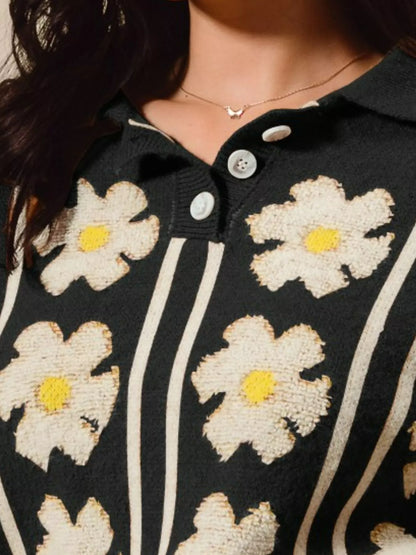SO ME Floral Stripe Polo Collar Sweater