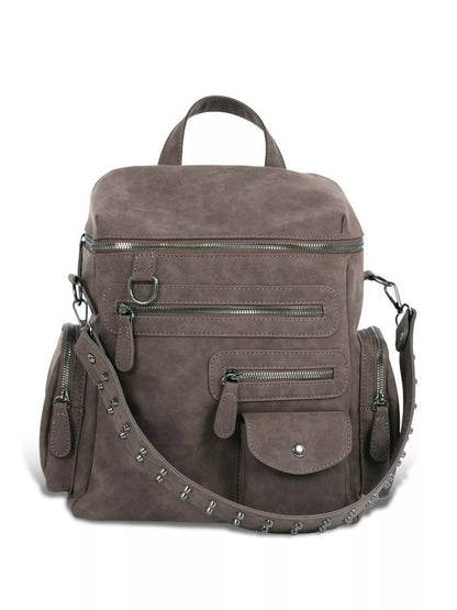 Multi-Pocket Studded Convertible Backpack Bag