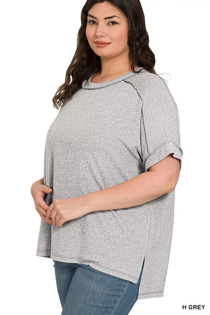 Zenana Full Size Soft Melange Hacci Short Sleeve Hi-low Tee Plus Size