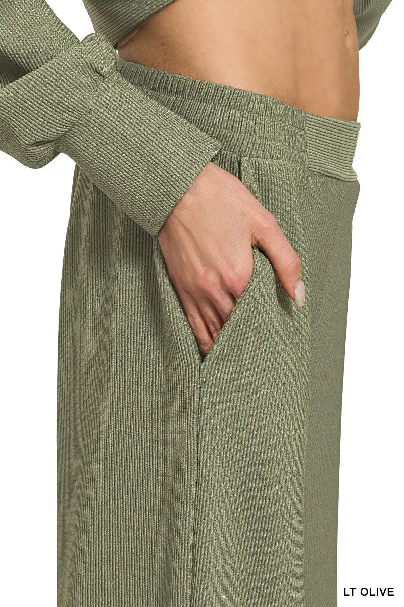Zenana Ribbed High Neck Half Zip Pullover & Pants Set