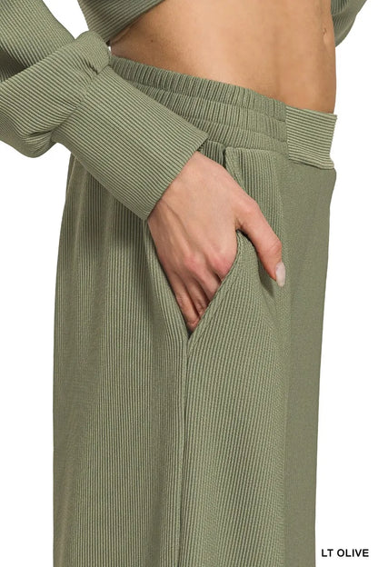 Zenana Ribbed High Neck Half Zip Pullover & Pants Set