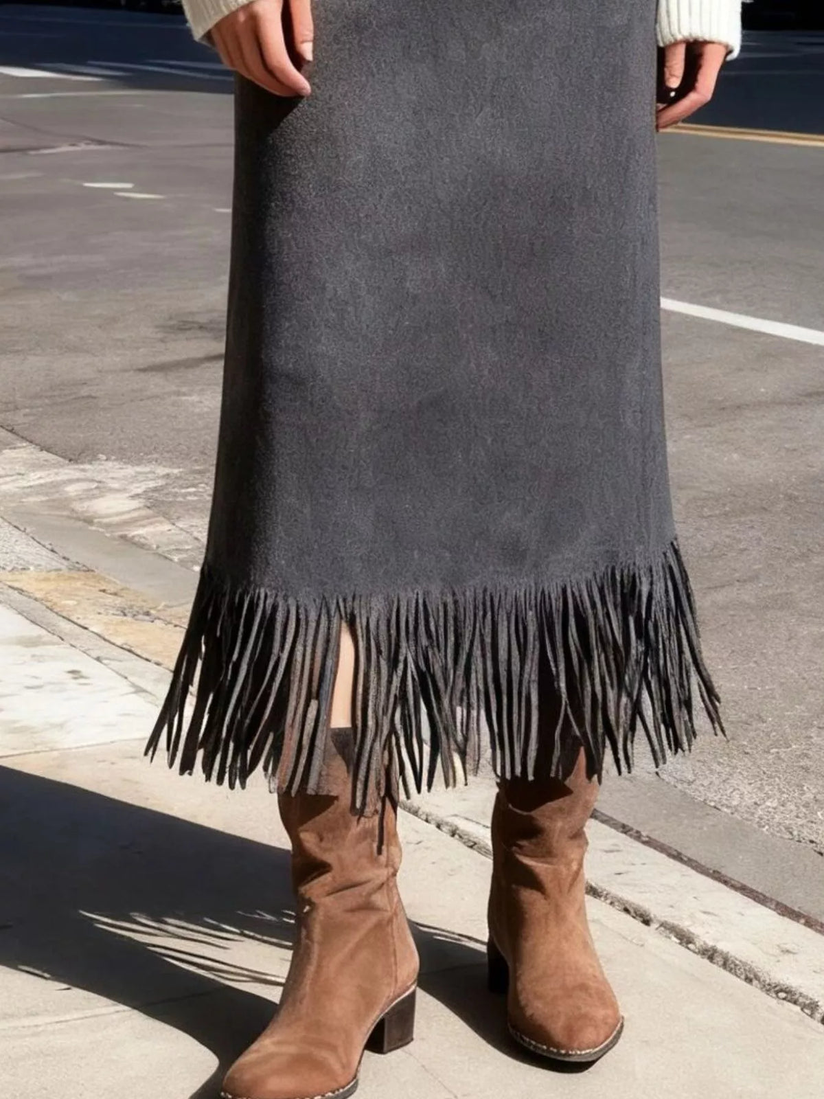 Suede Fringe Midi Skirt