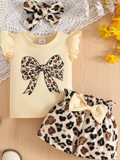 Children's Leopard Bow Top and Shorts Set with Headband