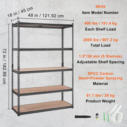 VEVOR Storage Shelving Unit, 5-Tier Adjustable, 2000 Lbs Capacity, Heavy Duty Garage Shelves Metal Organizer Utility Rack, Black,  For Kitchen Pantry Basement Bathroom Laundry
