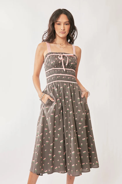 Davi & Dani Contrast Velvet Tape Smocking Bodice Midi Dress