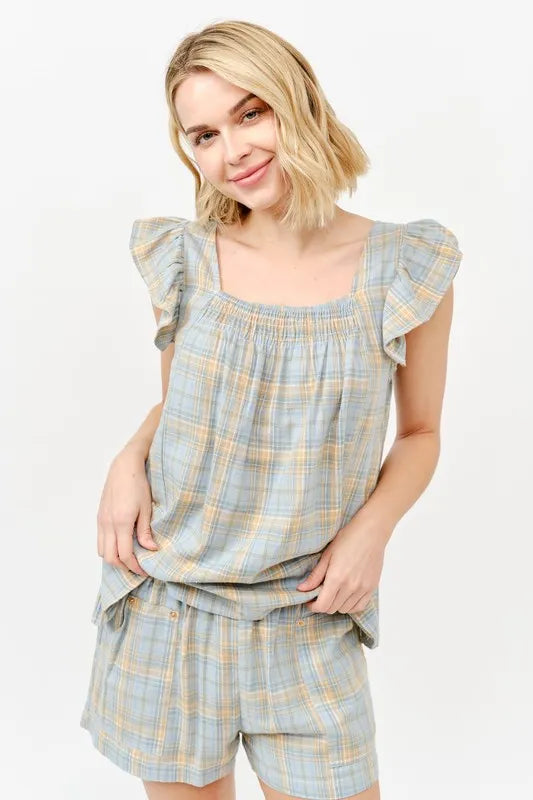 And The Why Plaid Print Smocked Detail Casual Shorts