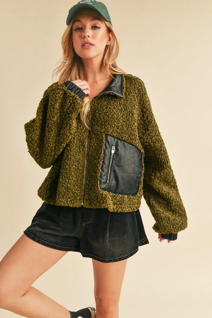 Aemi + Co Collared Neck Zip Up Sherpa Jacket