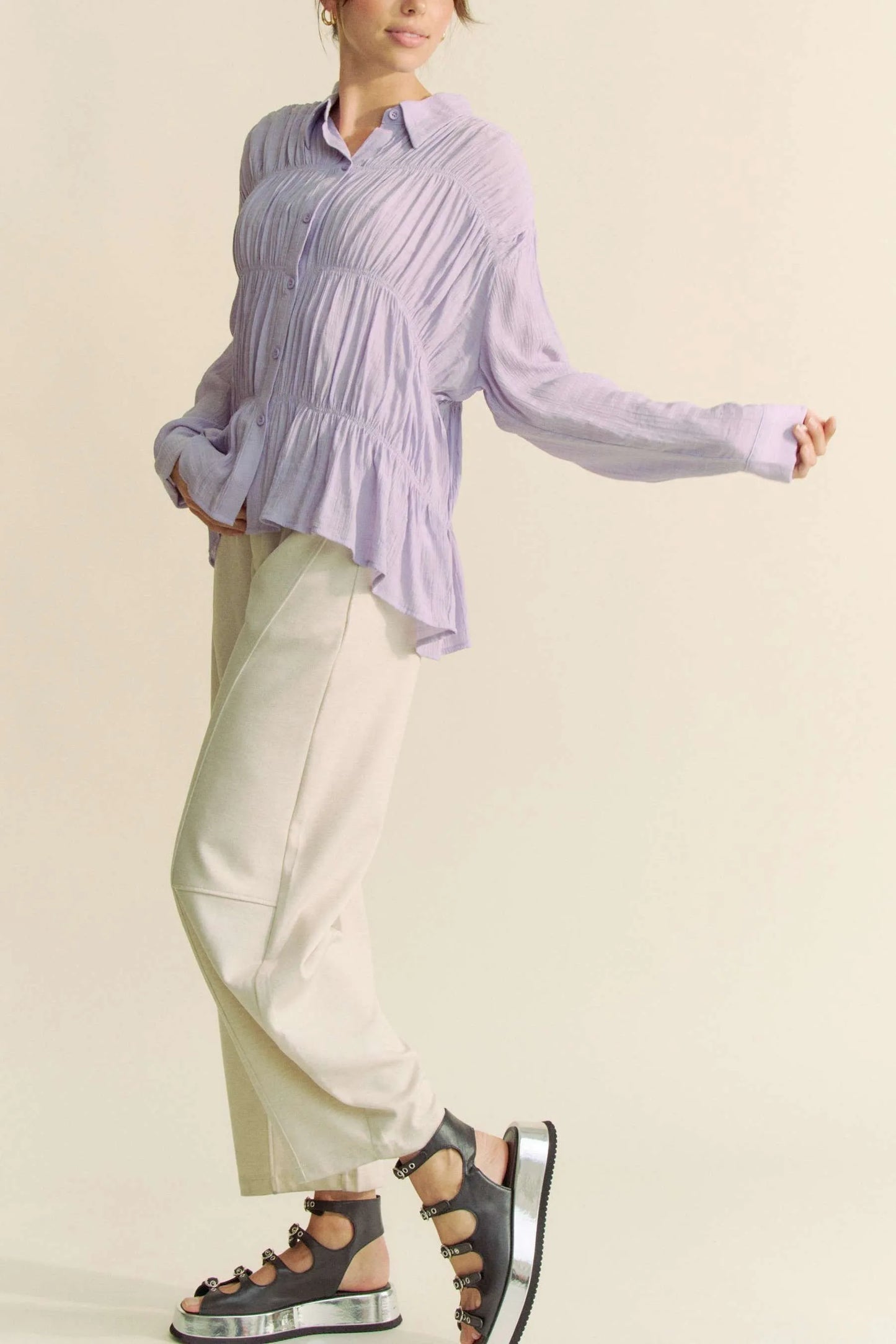 Davi & Dani Ruched All Over Button Front Shirt