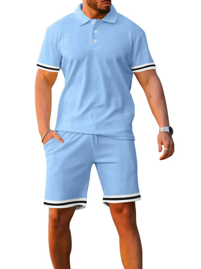 Men's Full Size Contrast Trim Polo and Shorts Set Plus Size