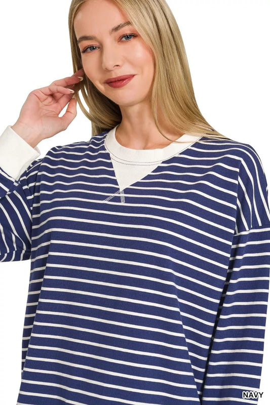 Zenana Contrast Striped Round Neck Sweatshirt