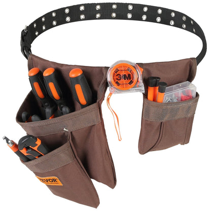 VEVOR Tool Belt, Adjusts From 29 Inches To 54 Inches, Polyester Heavy Duty Tool Pouch Bag, Detachable Tool Bag For Electrician, Carpenter, Handyman, Woodworker, Construction, Framer, Brown