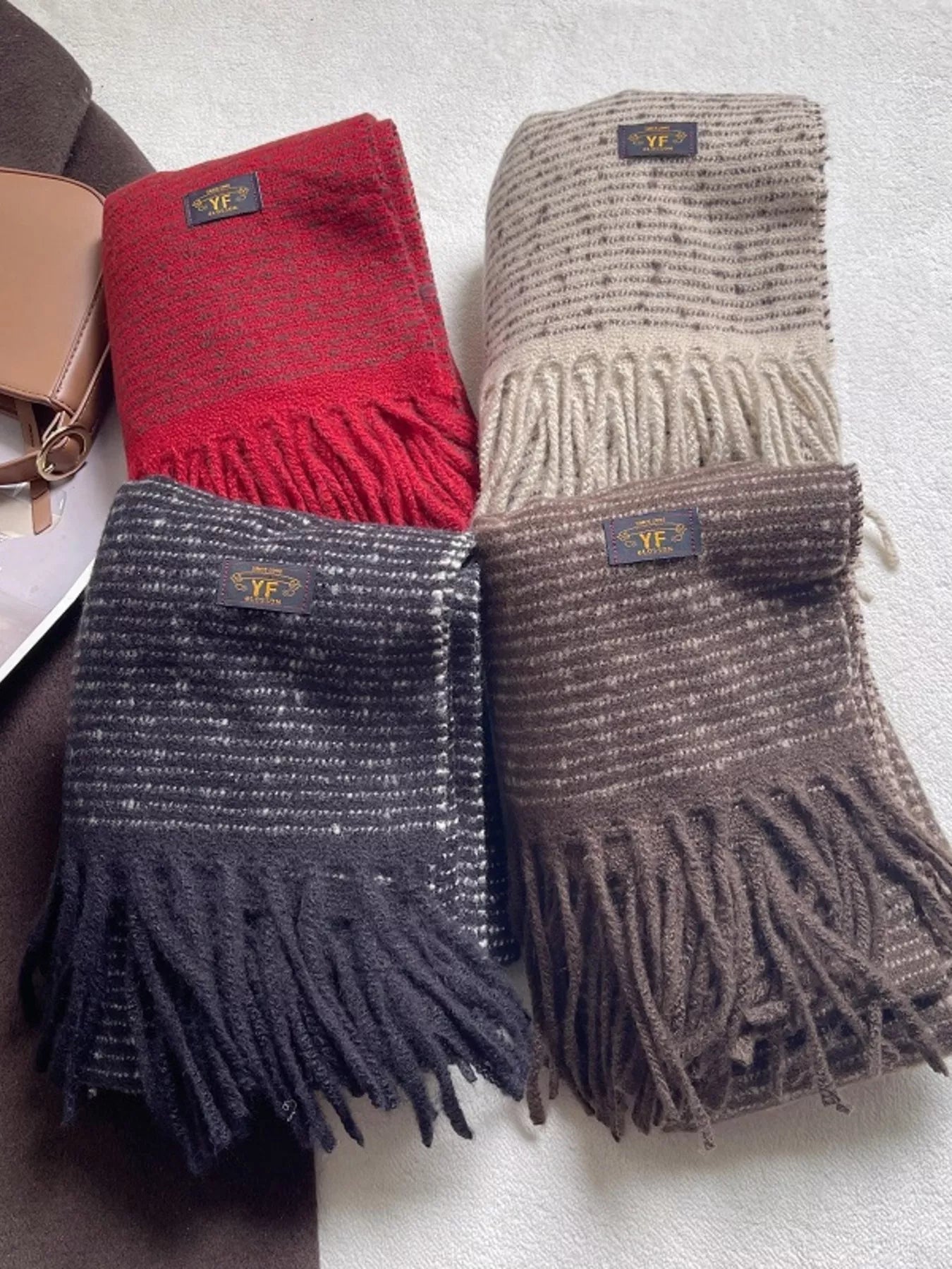Warm Striped Tassel Scarf