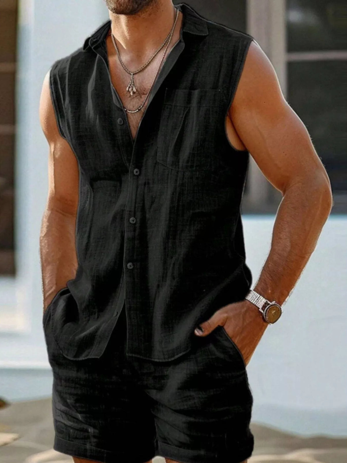 Men's Plus Size Casual Button Up Vest & Shorts Set