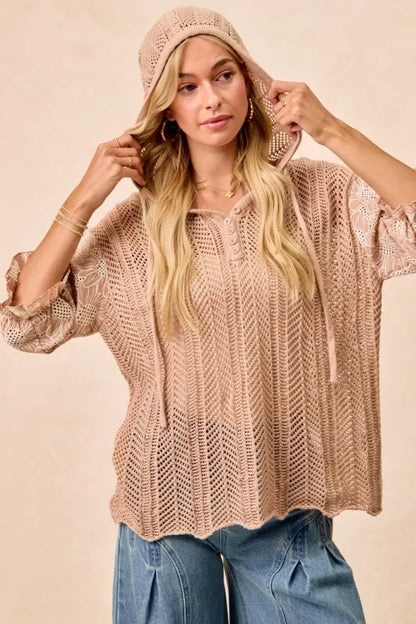 BiBi Jacquard Flower Puff Sleeve Hooded Knit Top