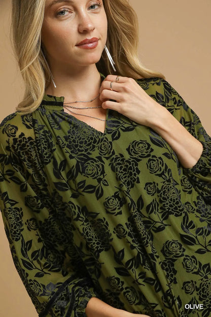 Umgee Full Size Floral Velvet Blouse with Balloon Sleeves Plus Size