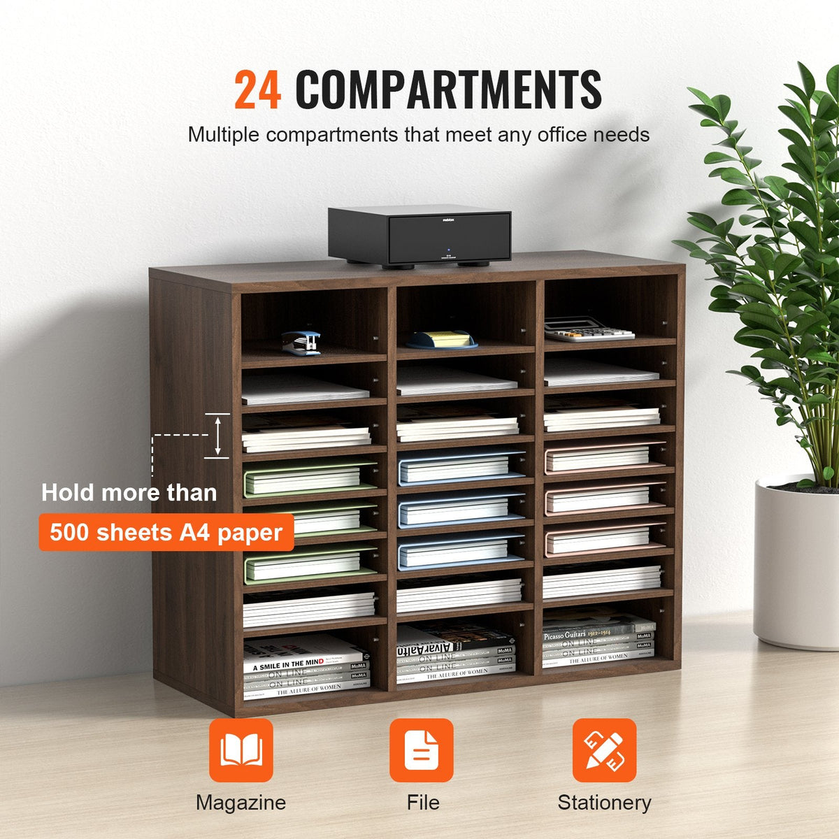 VEVOR Literature Organizers, 24 Compartments Office Mailbox With Adjustable Shelves, Wood Literature Sorter 29x12x24.4 Inches For Office, Home, Classroom, Mailrooms Organization, EPA Certified, Brown
