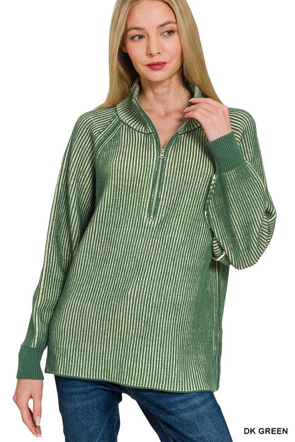 Zenana Ribbed Two Tone Half Zip Sweater