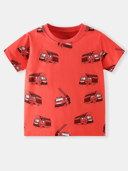 Children's Fire Truck Print Crew Neck Short Sleeve T-Shirt