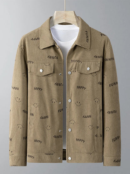 Men's Plus Size Smiley Face Print Snap Down Casual Jacket