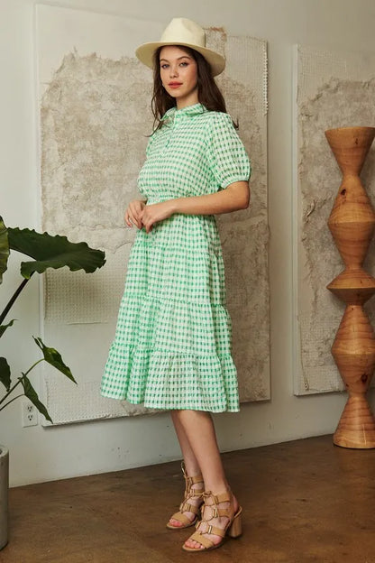 Davi & Dani Checkered Puff Sleeve Tiered Shirt Dress