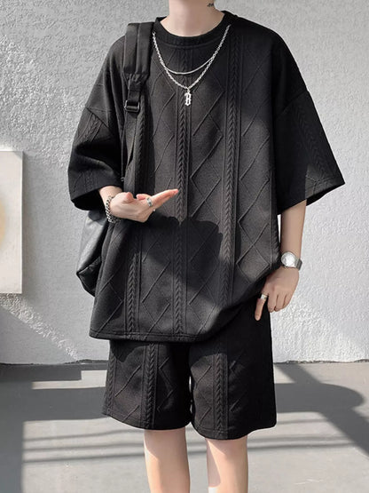 Men's Plus Size Textured Relaxed Fit Top and Shorts Set