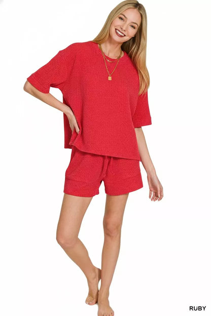 Zenana Raised Rib Short Sleeve Tee and Drawstring Shorts Set